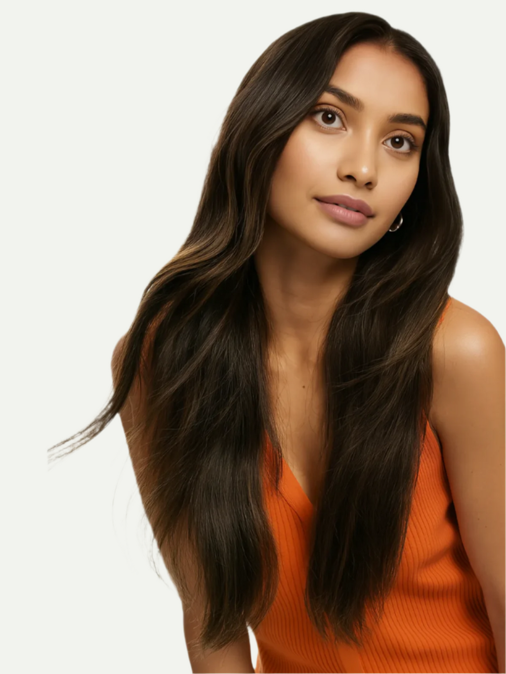 Woman with long, straight hair wearing an orange top against a white background
