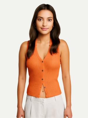 Woman wearing an orange sleeveless cardigan on a white background