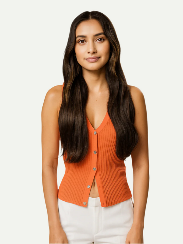 Woman wearing an orange sleeveless cardigan against a white background