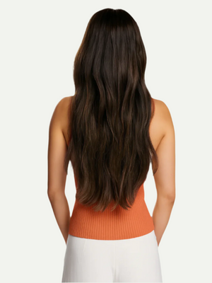 Person wearing an orange sleeveless top with long dark hair on a white background