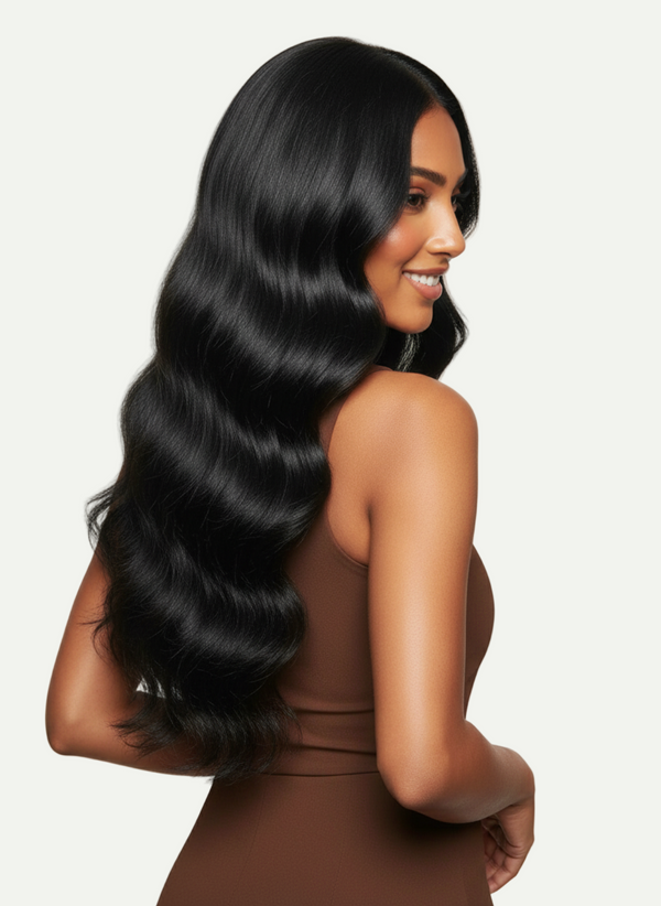 Woman with long, wavy black hair on a plain background