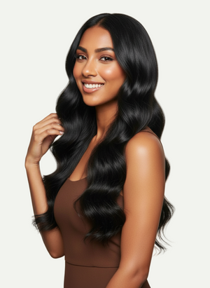 Woman with long, straight black hair wearing a brown dress against a beige background