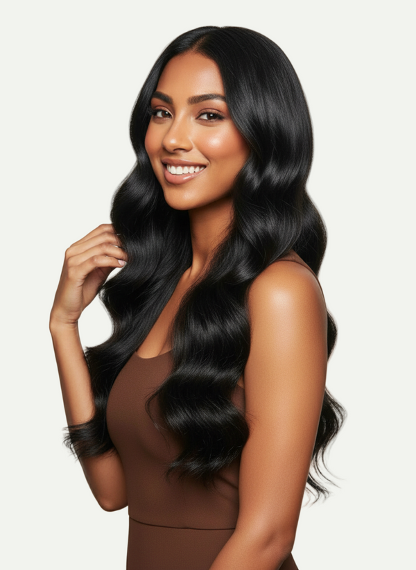 Woman with long, straight black hair wearing a brown dress against a beige background