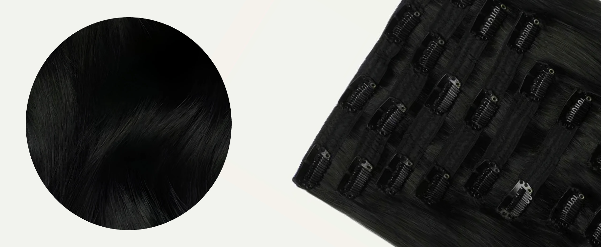 Black hair extensions with a close-up of a clip on a beige background