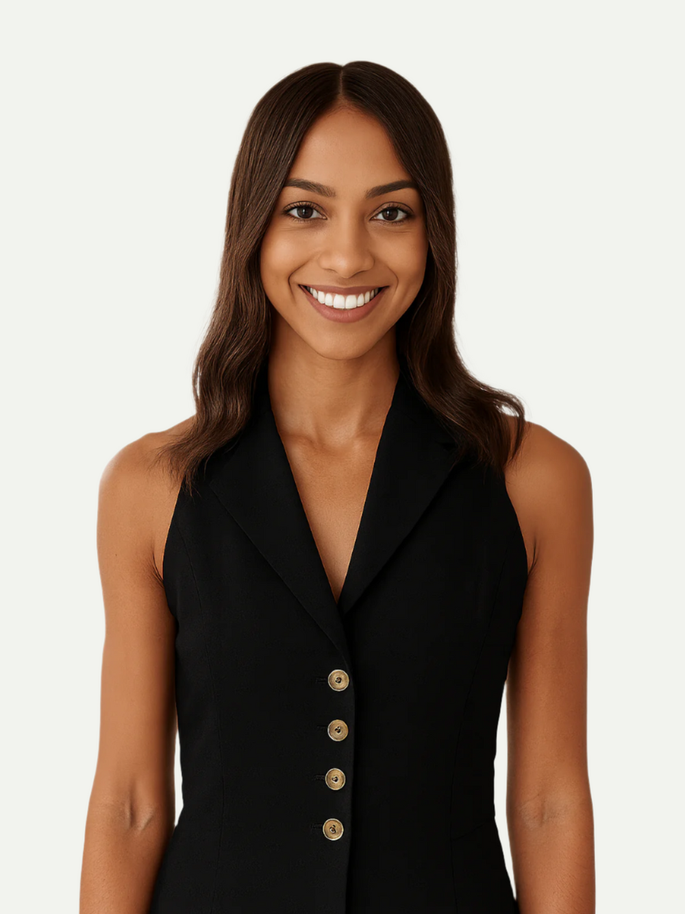 Woman wearing a black sleeveless blazer with gold buttons on a white background