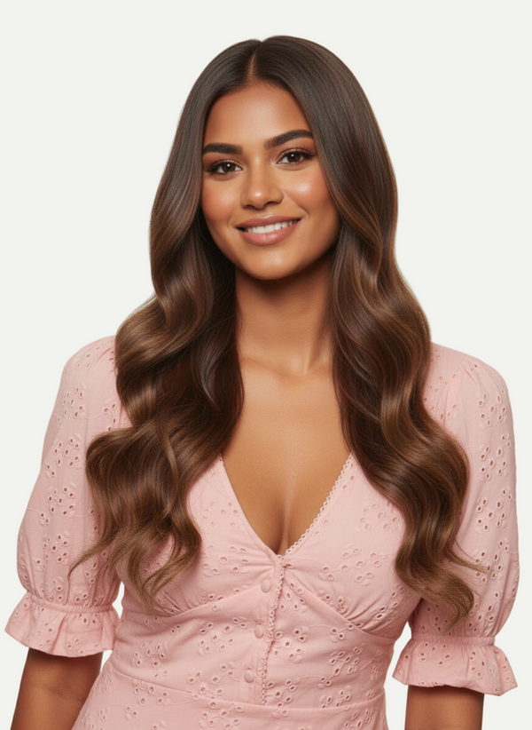 Woman wearing a pink dress with a plain background