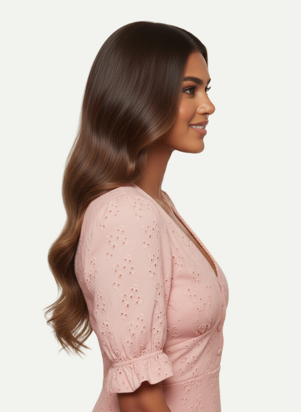 Woman wearing a pink dress with a plain background