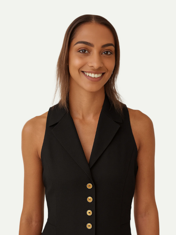 Woman wearing a black sleeveless blazer with gold buttons on a white background