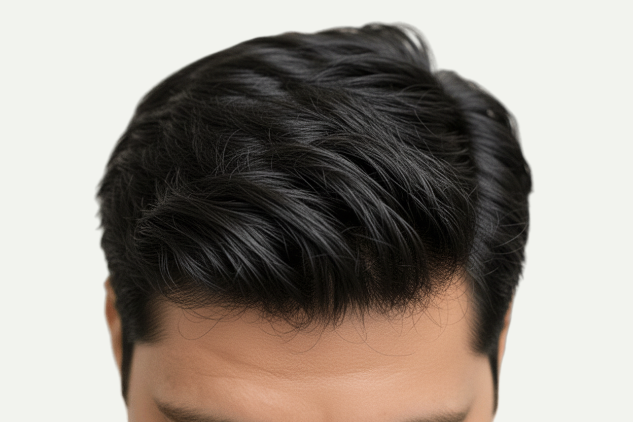 Close-up of a person with styled black hair against a blurred background