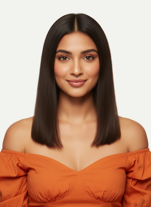 Woman with straight hair wearing an off-shoulder orange top on a white background