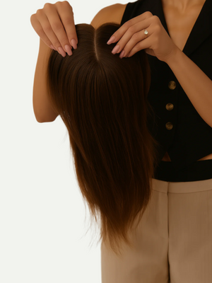 Person holding a hair extension with a neutral background