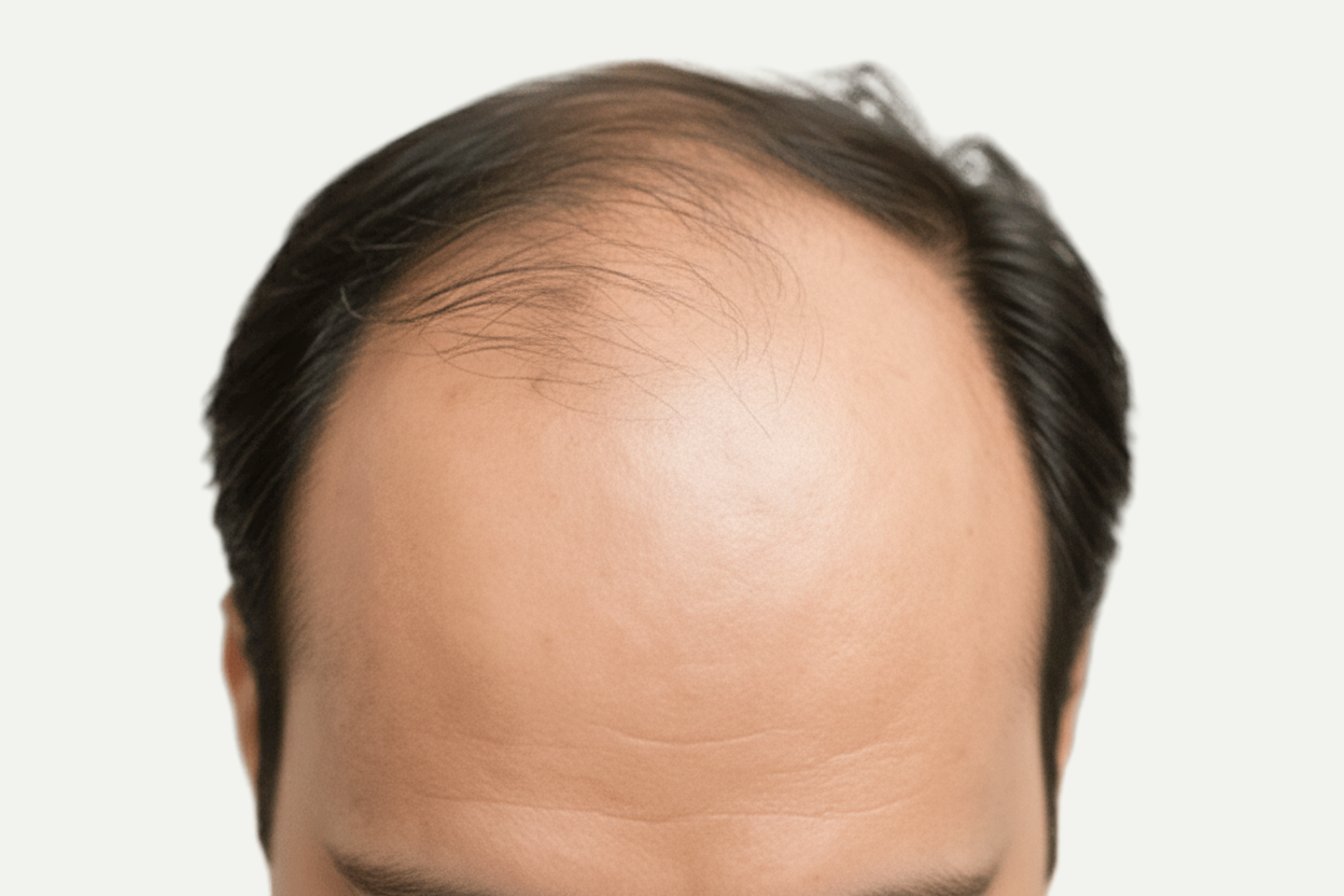 Close-up of a person's head with a balding pattern on a blurred background