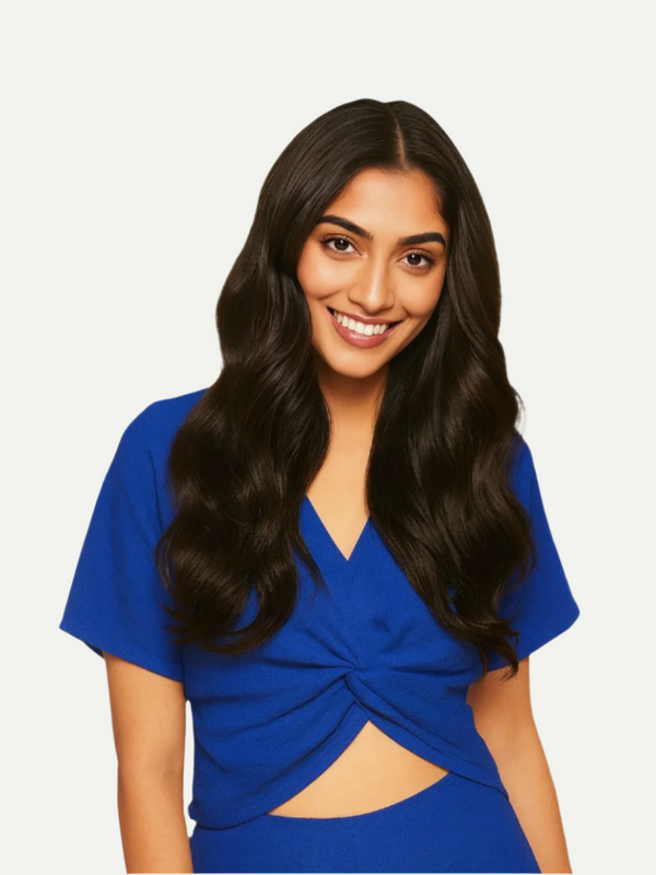 Woman wearing a blue top with a white background