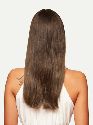 Back view of a person with long, straight brown hair on a plain background