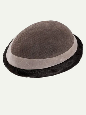 Hairpiece with black synthetic hair and gray base on a white background