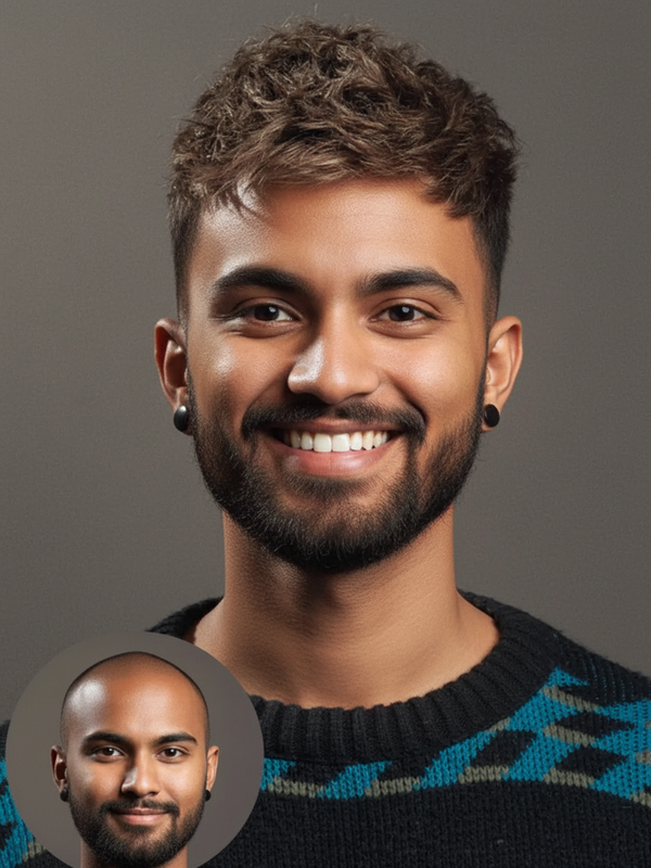 Man with a beard and patterned sweater on a gray background