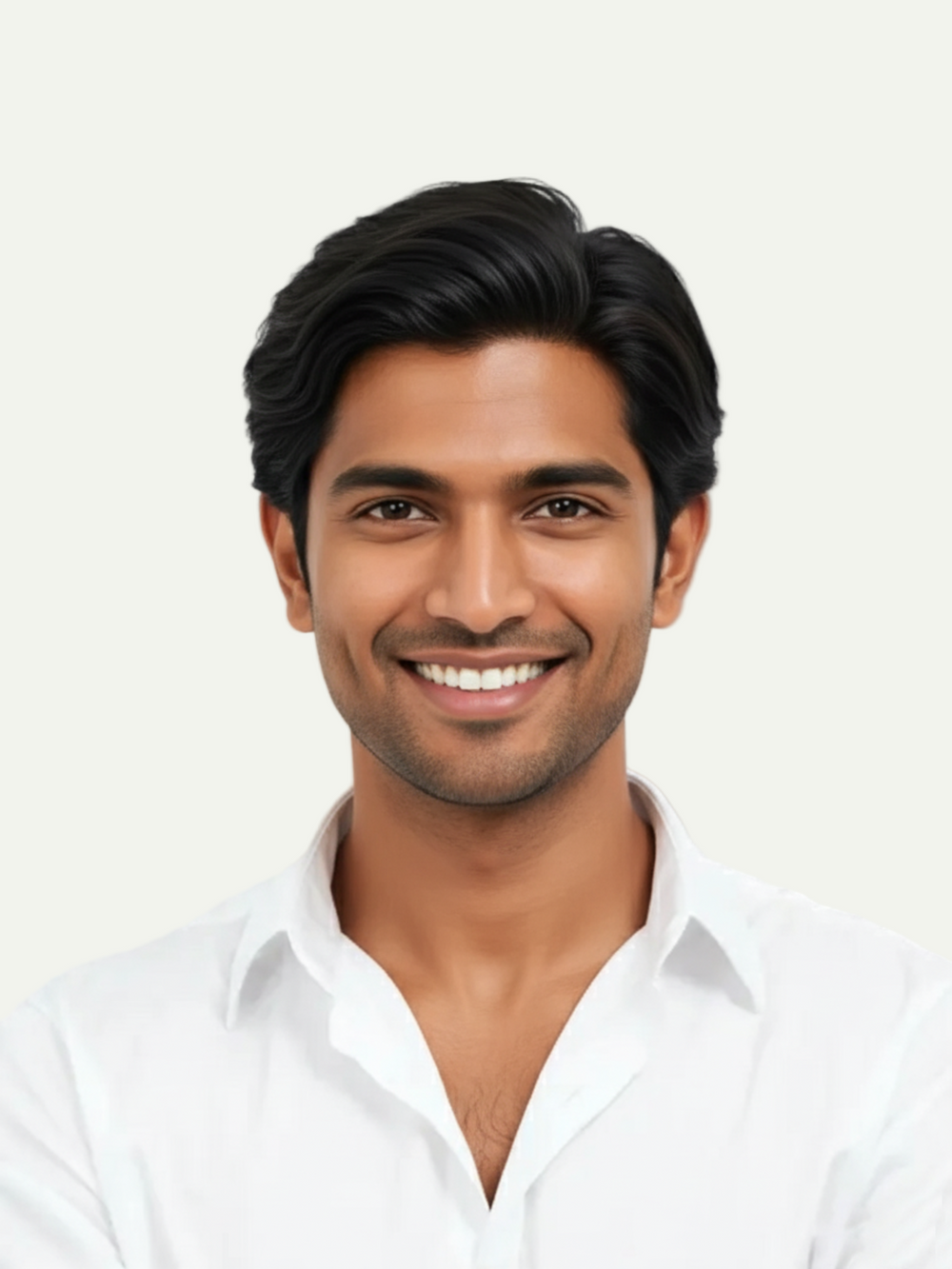 Man wearing a white shirt against a plain background