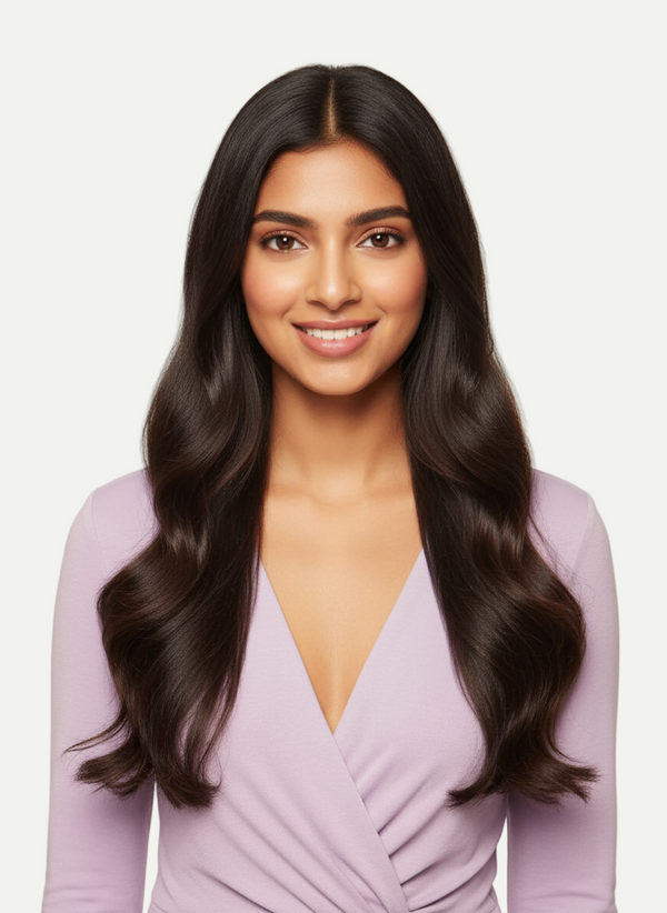 Woman with long, wavy hair wearing a light purple top against a plain background