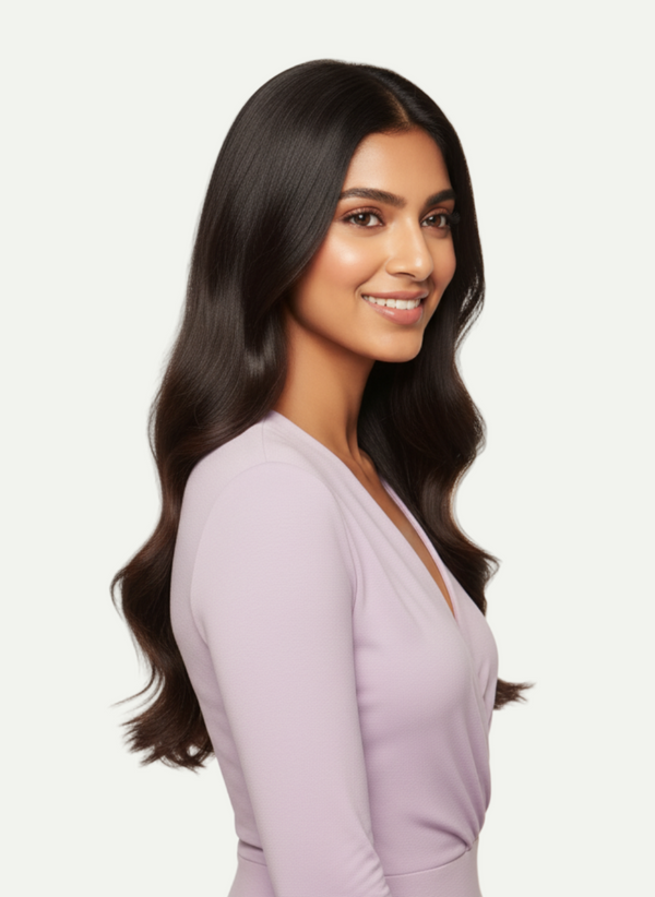 Woman with long, wavy hair wearing a light purple dress on a white background