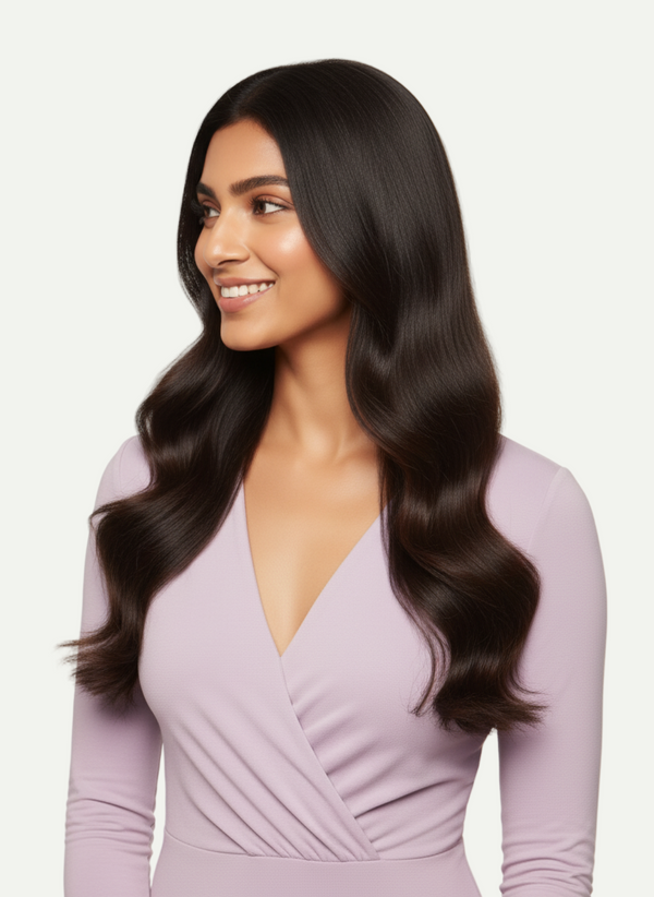 Woman with long, wavy hair wearing a light purple dress against a plain background