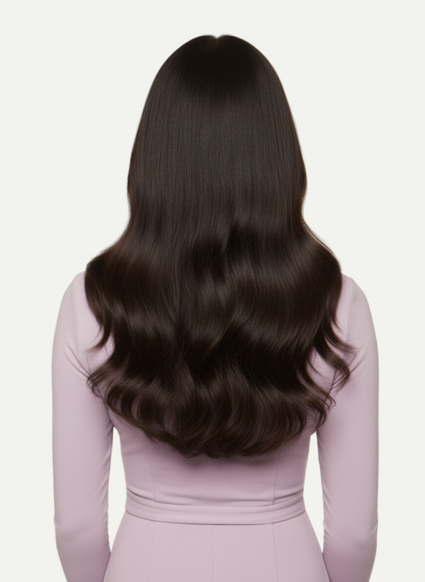 Person with long, dark hair wearing a light pink dress on a white background