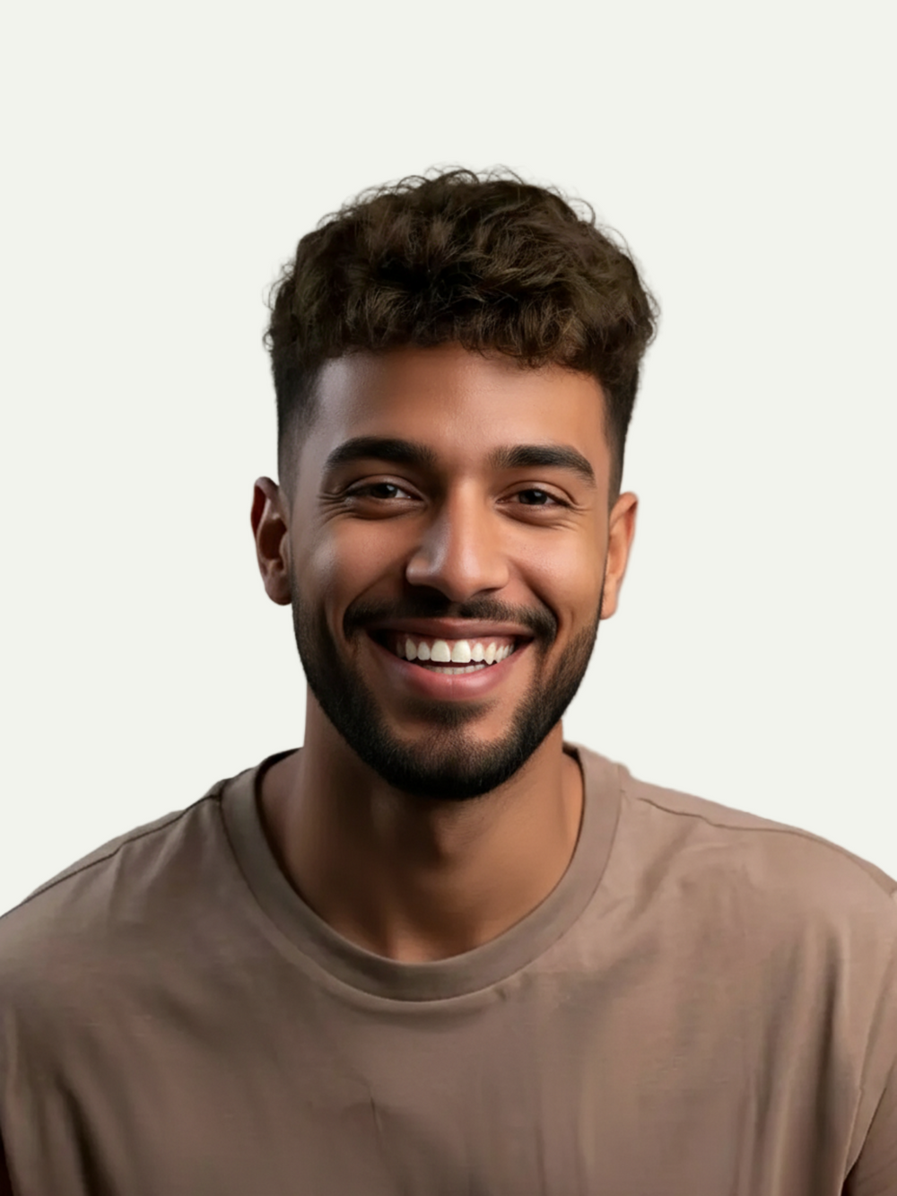 Man wearing a brown shirt against a light gray background